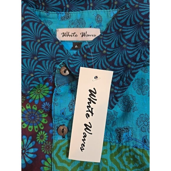 Turquoise Patchwork Unisex Boho Vintage Style Shirt button up front size L New - Picture 3 of 14